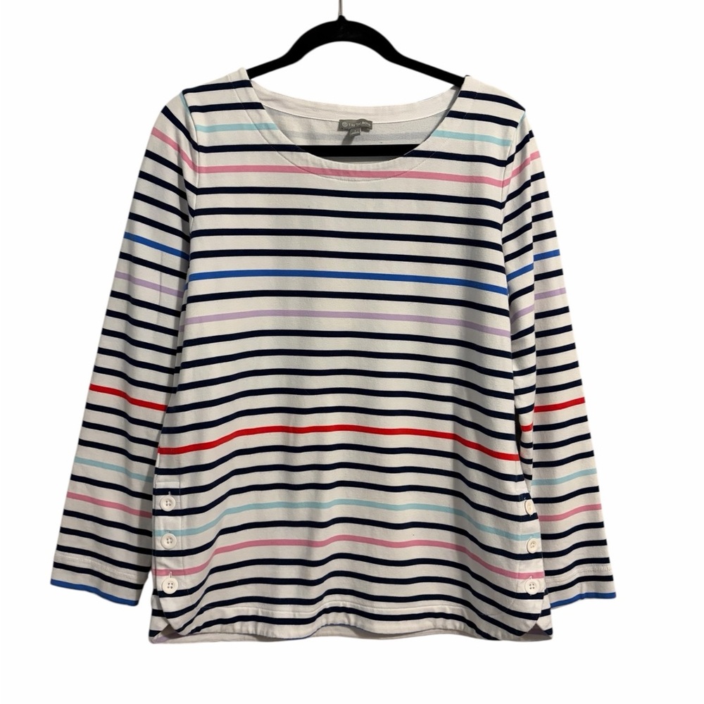 TALBOTS Preppy Nautical Striped Buttons Cotton Blend  Pullover Tunic Top Size L
